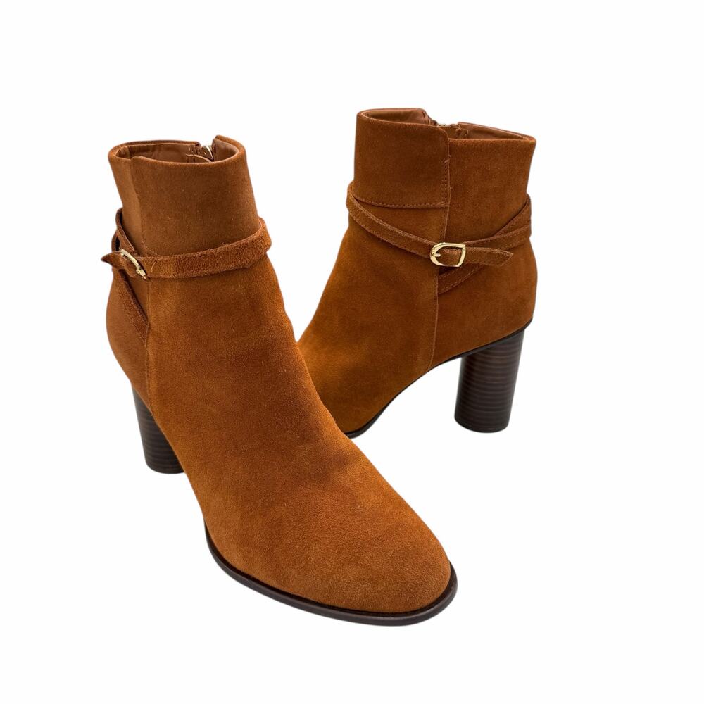 Draper James Tegan Cognac Brown Suede Leather Zip Up Round Block Heel Booties
